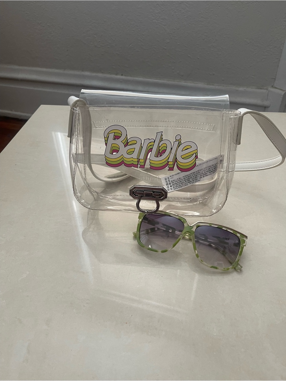 Barbie Forever 21 Clear Crossbody Bag with White Trim and Multicolor Logo